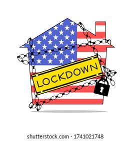 Vector - Key chain lock house on United State (America) flag with wording "Lockdown". Stay home, Stay safe concept. Quarantine during Coronavirus (Covid-19) pandemic. Healthcare.