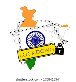 Vector - Key chain lock India map with flag and wording "Lockdown". Stay home, Stay safe concept. Quarantine during Coronavirus (Covid-19) pandemic. Healthcare.