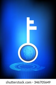 Vector : Key and finger print on blue technology grid background
