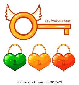 Vector key and hearts lock. Isolated on white background.