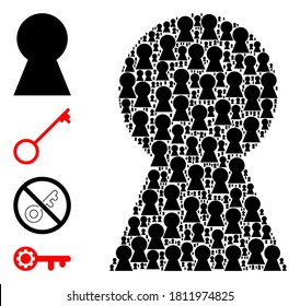 Vector key hole composition is formed with repeating self key hole icons. Fractal composition from key hole. Some other icons are present in this vector.