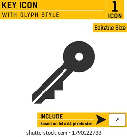 Icono de clave del vector con estilo de glifo aislado en fondo blanco. Plantilla de diseño de iconos para casa y negocios, hogar, sitio web, aplicación móvil, logotipo y proyecto. Incluye 64x64 píxeles perfectos. archivo EPS