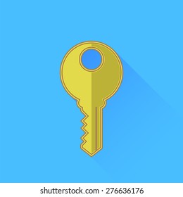 Vector Key Icon Isolated on Blue Background. Long Shadow.