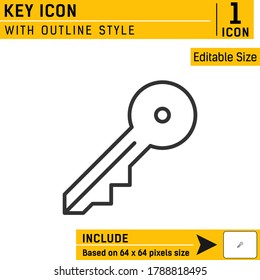 Icono de clave del vector con estilo de contorno aislado en fondo blanco. Plantilla de diseño de iconos para casa y negocios, hogar, sitio web, aplicación móvil, logotipo y proyecto. Incluye 64x64 píxeles perfectos. archivo EPS