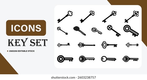 Vector Key Icon Set | Editable 256x256 Key Silhouette Icons for Security, Lock, and Access Design.