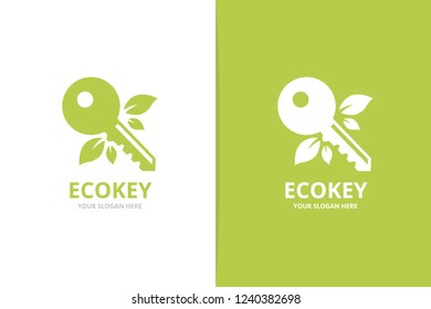 Vector key and leaf logo combination. Lock and eco symbol or icon. Unique house and organic logotype design template.