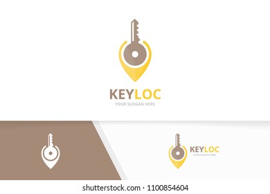 Vector key and map pointer logo combination. Lock and gps locator symbol or icon. Unique house and pin logotype design template.