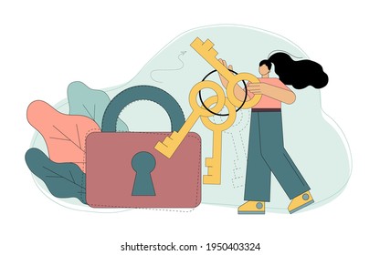 Vector. Key selection. Choice. Finding a forgotten password, protecting your account. Search for an answer to a question. The woman chooses the right key. Vector illustration 