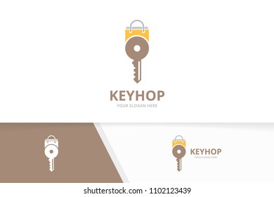 Vector key and shop logo combination. Lock and sale symbol or icon. Unique house and market logotype design template.