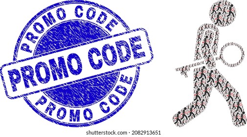 Vector key thief icon composition is done from scattered recursive key thief elements. Promo Code scratched blue round stamp seal. Fractal mosaic from key thief icon.