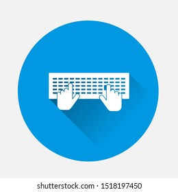 Vector keyboard and hand icon. Symbol of business, work on blue background. Flat image with long shadow.