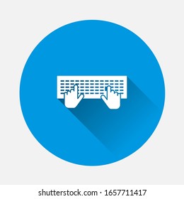Vector keyboard and hand icon. Symbol of business, work icon on blue background. Flat image with long shadow.
