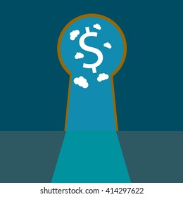 vector keyhole door with sky dollar sign shape cloud view background