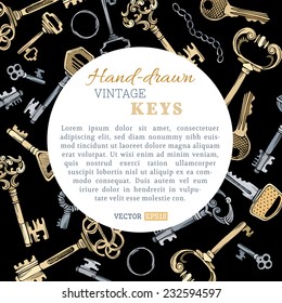 Vector keys background. Gold and silver vintage keys on black background. There is place for your text in the center. 