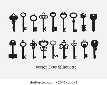 Vector keys silhouette. Antique old key silhouette illustrations