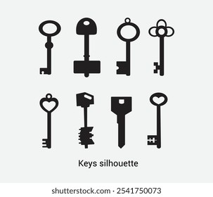 Vector keys silhouette. Antique old key silhouette illustrations