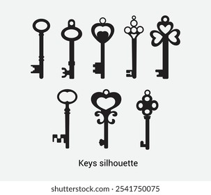 Vector keys silhouette. Antique old key silhouette illustrations