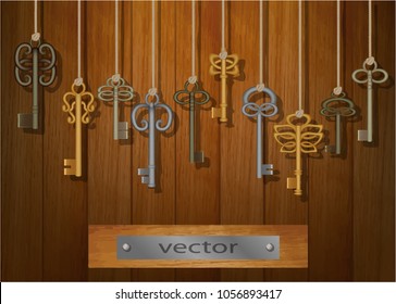 Vector. Keys. Wall decoration, hang keys, background with vintage keys, hang on wooden wall of planks, for design. Mesh, 3D, realistic illustrations.