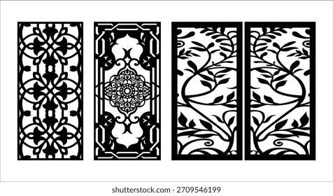Vektorschlüsselwörter: mit schwarzen Silhouette dekorative Panels mit geometrischen und floralen Designs Schlagwörter: dekorative Platten, Silhouette, schwarz und...
