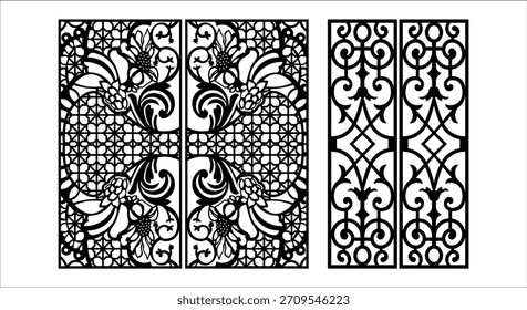 Vektorschlüsselwörter: mit schwarzen Silhouette dekorative Panels mit floralen und geometrischen Mustern Stichworte: dekorative Platten, Silhouette, schwarz...