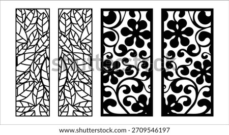 Vector keywords: featuring black silhouette decorative panels with leaf and floral patterns keywords: decorative panels, silhouette, black and...