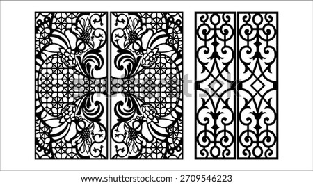 Vector keywords: featuring black silhouette decorative panels with floral and geometric patterns keywords: decorative panels, silhouette, black...