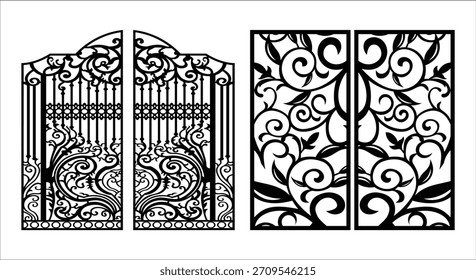 Vektorschlüsselwörter: mit verzierten schwarzen Metall-Tor und dekorative Panels mit Wirbel Stichworte: Schmucktür, dekorative Platten, schwarze Silhouette,...