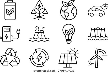 Vector keywords: featuring outline icons for renewable energy sources and environmental symbols...