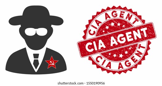 Vector KGB spy icon and rubber round stamp seal with CIA Agent text. Flat KGB spy icon is isolated on a white background. CIA Agent stamp seal uses red color and rubber texture.