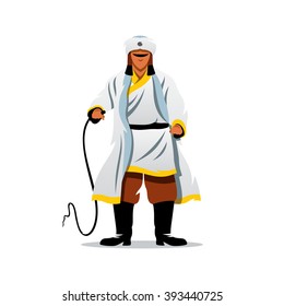 Vector Khan of the Golden Horde Cartoon Illustration. The man in white fur clothing brandishing a whip. Branding Identity Corporate Logo isolated on a white background