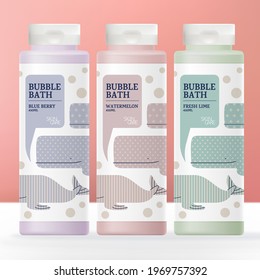 Vector Kid and Baby Health or Body Care Shampoo, Conditioner, Soap, Cream or Bubble Bath Semi Transparent Bottle with White Flip Cap.