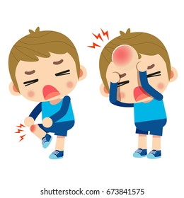 Vector Kid, Boy Character Got Injured, Got Bruised On His Knee And Head Isolated On White Background. 