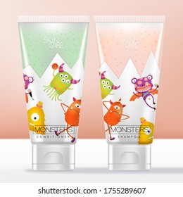 Vector Kid or Child Shampoo & Conditioner Toiletries Semi Transparent Tube with Cartoon Monsters Pattern Printed.