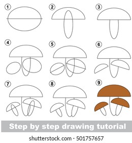 Vector kid educational game to develop drawing skill with easy game level preschool kids education. Drawing tutorial for Brown mushroom.