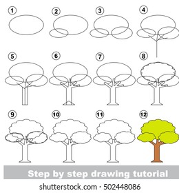 Vector kid educational game to develop drawing skill with easy game level preschool kids education. Funny drawing school. Drawing tutorial for Tree.