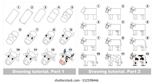 Vector kid educational game to develop drawing skill with easy game level for preschool kids education, the funny drawing kid school. Big drawing tutorial for Cow.