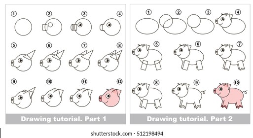 Vector kid educational game to develop drawing skill with easy game level for preschool kids education, the funny drawing kid school. Big drawing tutorial for Pig.