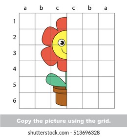 Vector kid educational game to develop drawing skill with easy game level for preschool kids education, finish the simmetry picture using grid sells, the drawing tutorial for half Pot Flower.