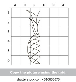 Vector kid educational game with easy game level for preschool kids education, finish the simmetric picture using grid sells, the funny drawing kid school. Drawing tutorial for Pineapple.