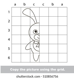 Vector kid educational game with easy game level for preschool kids education, finish the simmetric picture using grid sells, the funny drawing kid school. Drawing tutorial for Rabbit.
