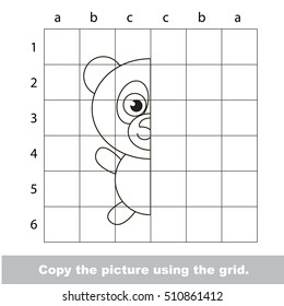 Vector kid educational game with easy game level for preschool kids education, finish the picture using grid sells, the funny drawing kid school. Drawing tutorial for Panda.