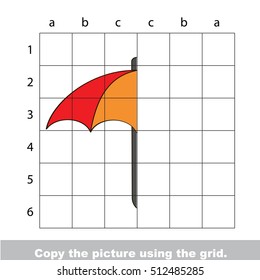 Vector kid educational game with easy game level for preschool kids education, finish the simmetrical picture using grid sells, the funny drawing kid school. Drawing tutorial for Umbrella.