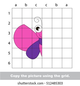 Vector kid educational game with easy game level for preschool kids education, finish the simmetric picture using grid sells, the funny drawing kid school. Drawing tutorial for Beautiful Butterfly.