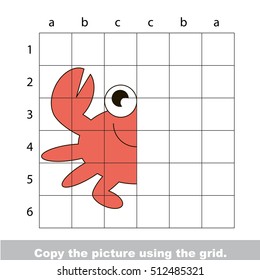 Vector kid educational game with easy game level for preschool kids education, finish the simmetrical picture using grid sells, the funny drawing kid school. Drawing tutorial for Crab.