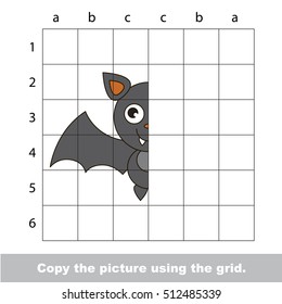 Vector kid educational game with easy game level for preschool kids education, finish the simmetrical picture using grid sells, the funny drawing kid school. Drawing tutorial for Vampire Bat.