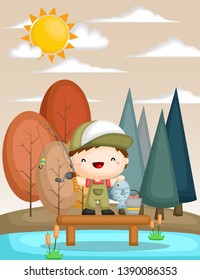 a vector of a kid fishing in a lake in the fall season