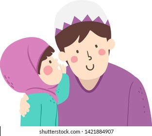 vector of a Kid Girl Wearing Hijab Whispering Something to His Father Wearing a Taqiyah