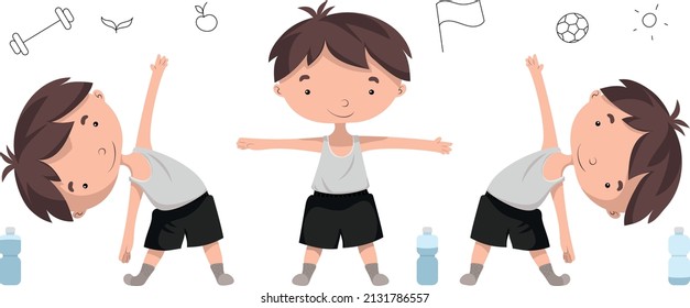 Vector kid in a gray tank top and black shorts goes in for sports