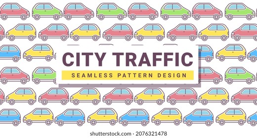 Vector kid illustration of colorful parking car on white background with frame. Line art style design of car traffic seamless pattern for web, site, banner, children print, textile