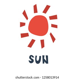 Vector kid illustration. Scandinavian cut font. The red Sun and word 'sun"